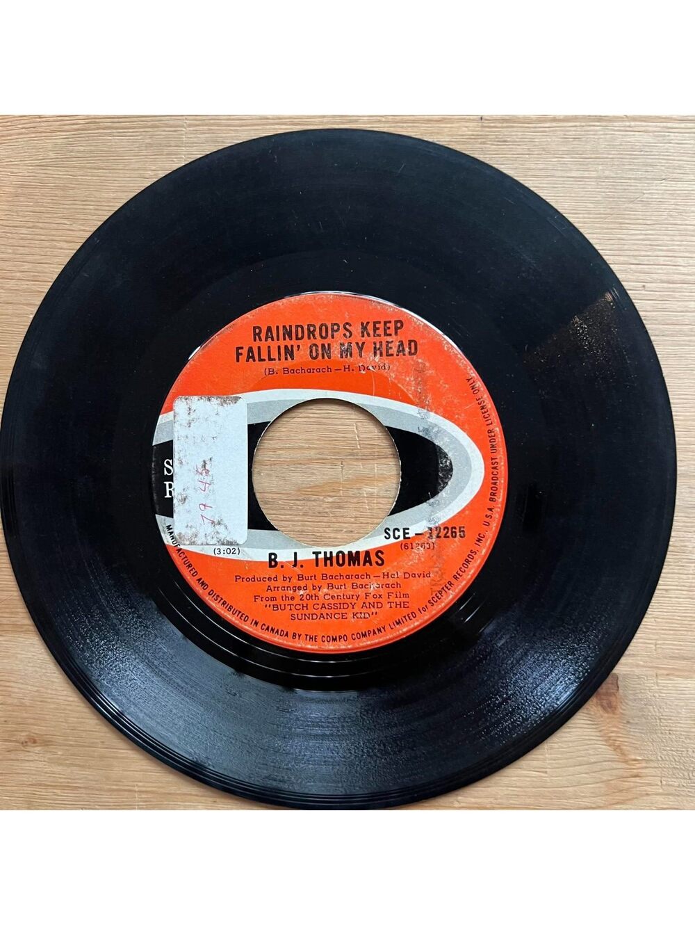B.J. Thomas-Raindrops keep Fallin' on my Head/Never had it so Good 45rpm VG+ R13